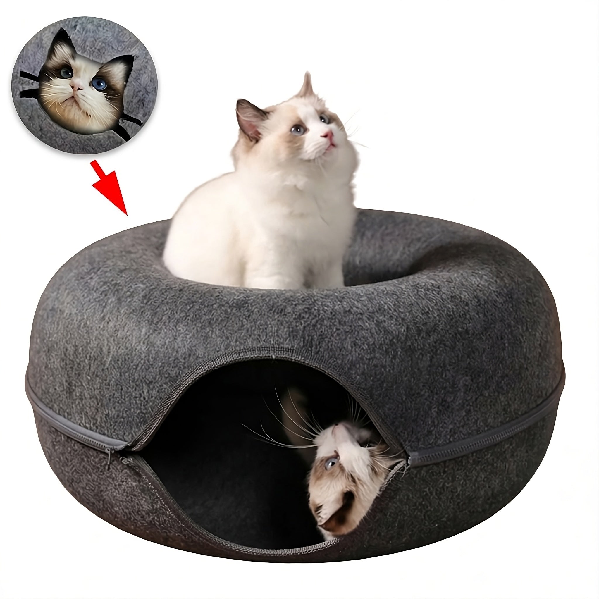 Felt Donut Cat Bed – 2-in-1 Cat Tunnel & Cozy Hideout 🐱✨