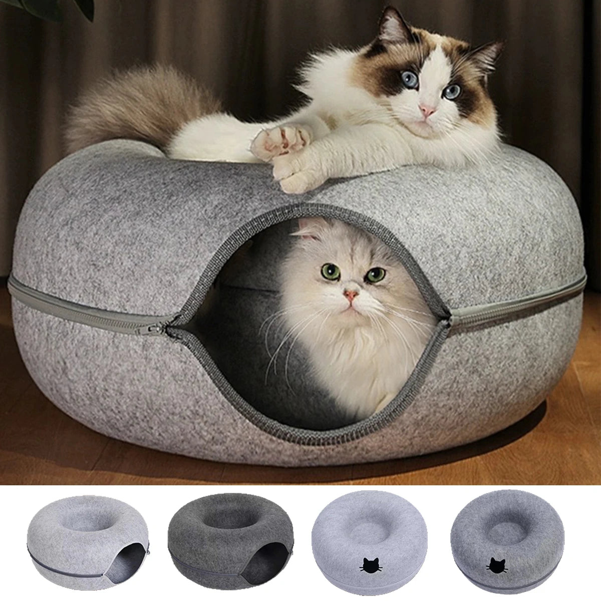 Felt Donut Cat Bed – 2-in-1 Cat Tunnel & Cozy Hideout 🐱✨