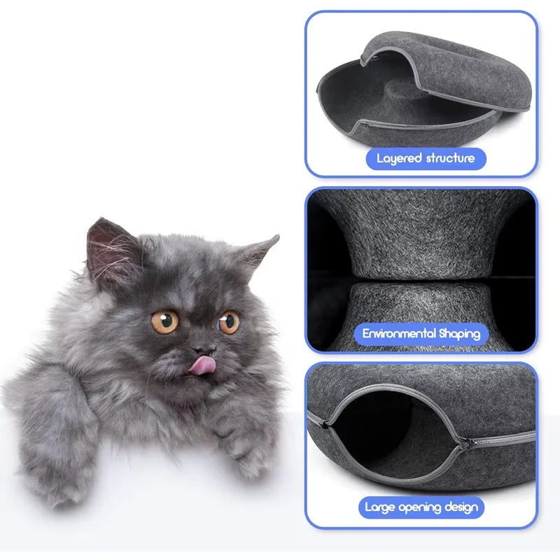 Felt Donut Cat Bed – 2-in-1 Cat Tunnel & Cozy Hideout 🐱✨