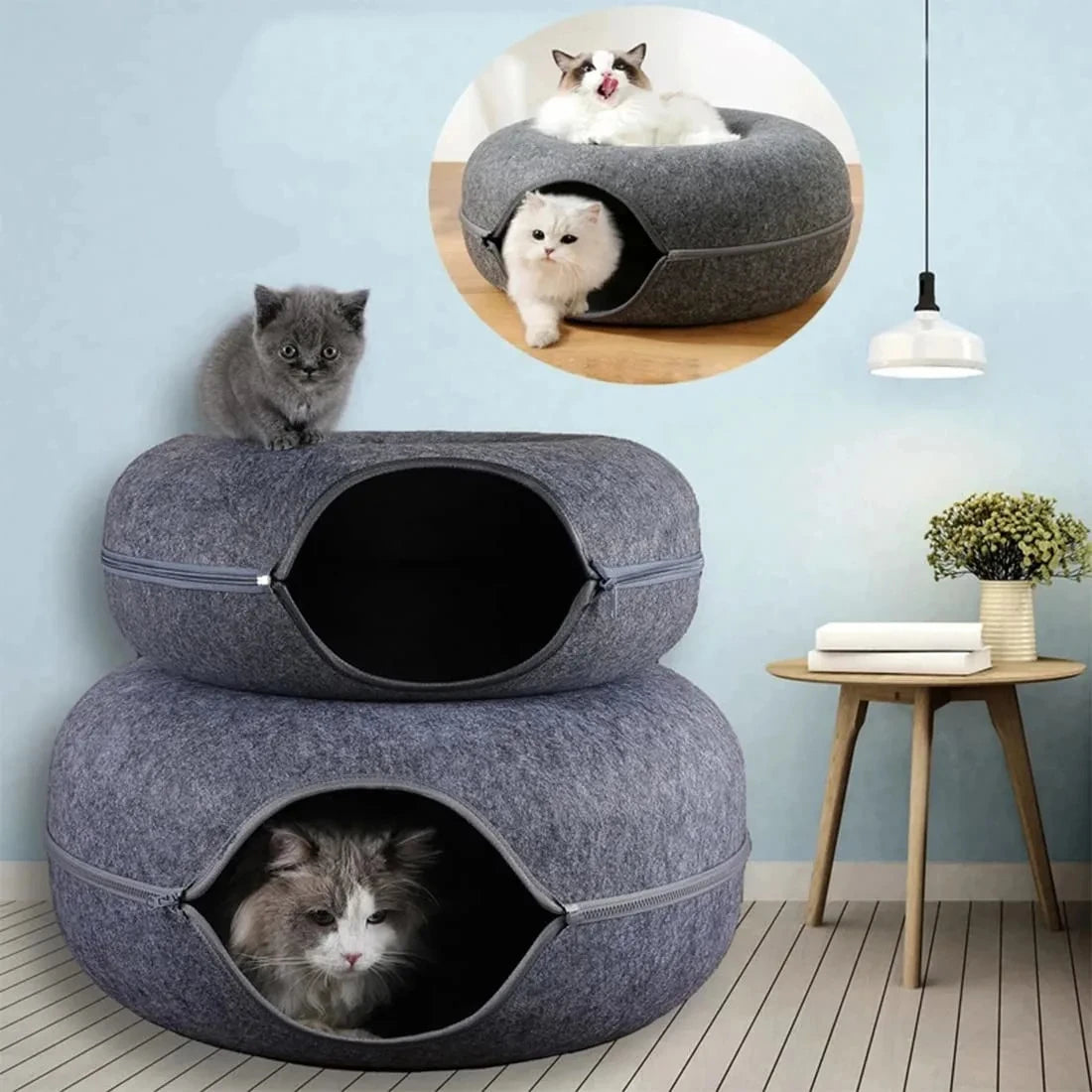 Felt Donut Cat Bed – 2-in-1 Cat Tunnel & Cozy Hideout 🐱✨